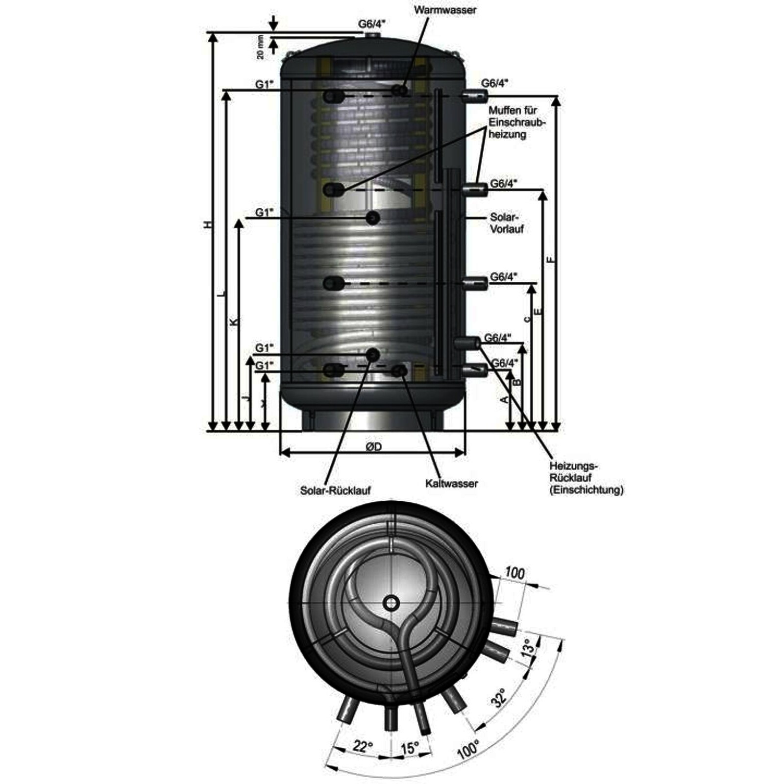 Kombi-Schichtspeicher 1000 Liter mit einem Wärmetauscher und 100 mm Isolierung