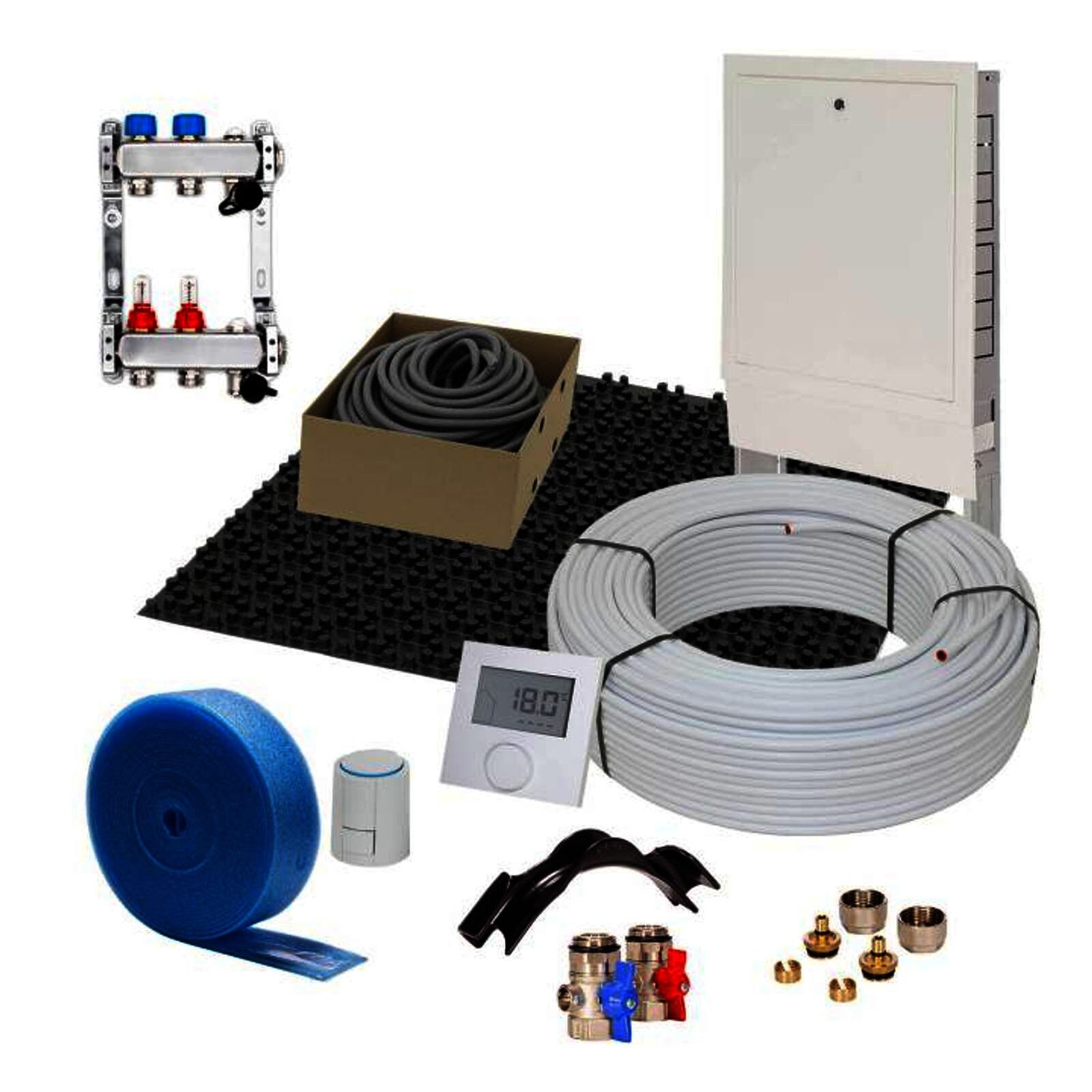 80 m² Set Noppensystem 11 mm WLG 040 16x2 Alu-Verbundrohr Raster 10 cm 8 Heizkreise LCD Regler 230 V + Zubehör