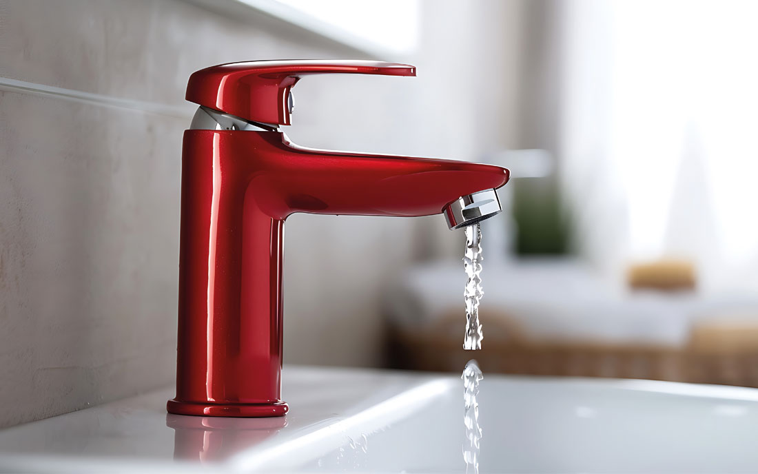 Roter Wasserhahn, aus dem Wasser läuft