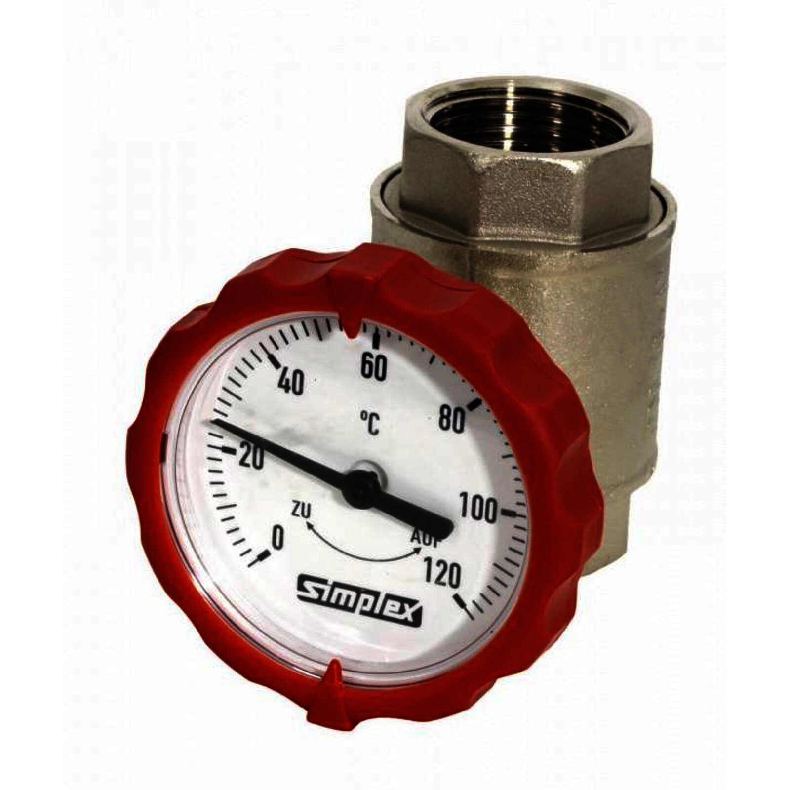 Muffen-Kugelhahn PN 16, G 1 Zoll mit rundem Thermometergriff (rot, Ø 63 mm)