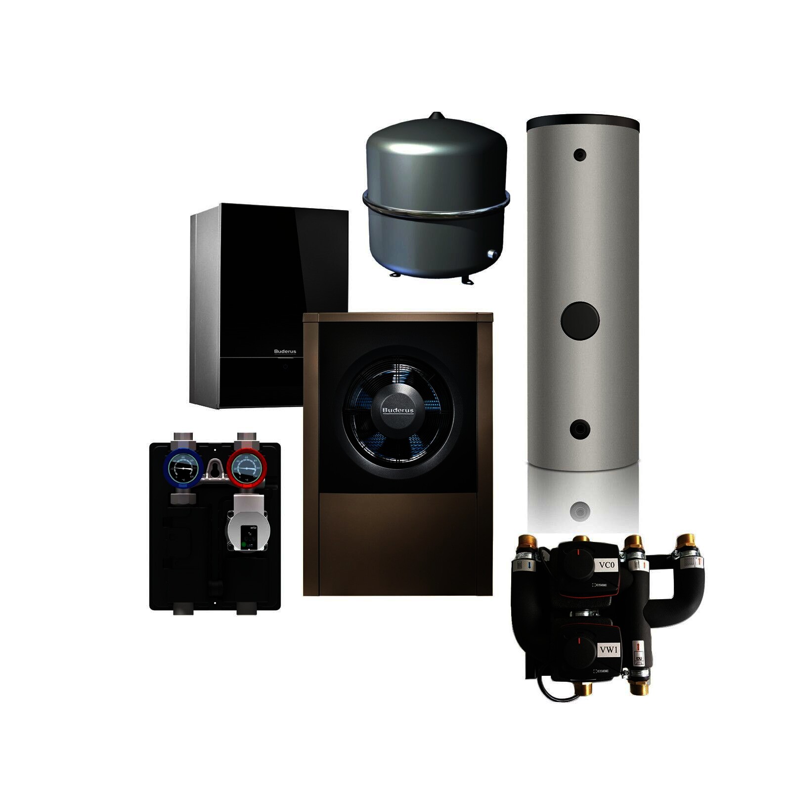 Buderus Luft/Wasser-Wärmepumpenset WLW196i-6 AR E, Kombispeicher BPU 400-C, Hydraulikbox, 1 Heizkreis