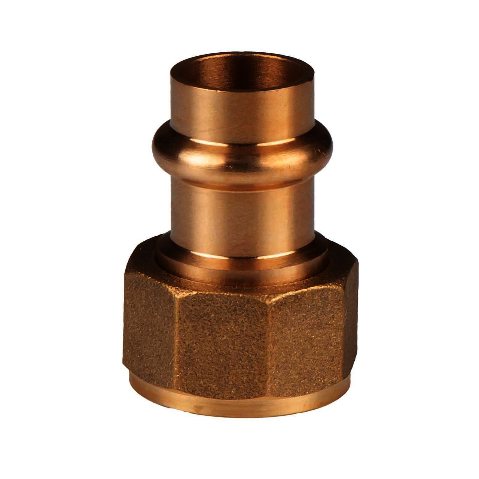 Kupfer Pressfitting Übergangsverschraubung aus Rotguss 15 mm - 1/2" IG (Überwurf) flachdichtend V+M-Kontur DVGW