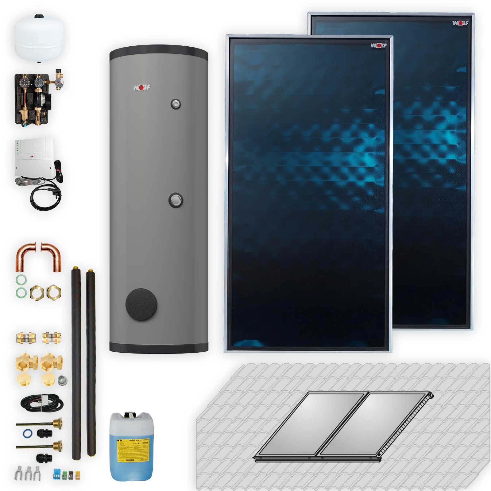 Wolf Solar Paket 4,6 m² mit 2 Flachkollektoren TopSon F3-1, SM1-2 Regelung, Solarspeicher SEM-2-300