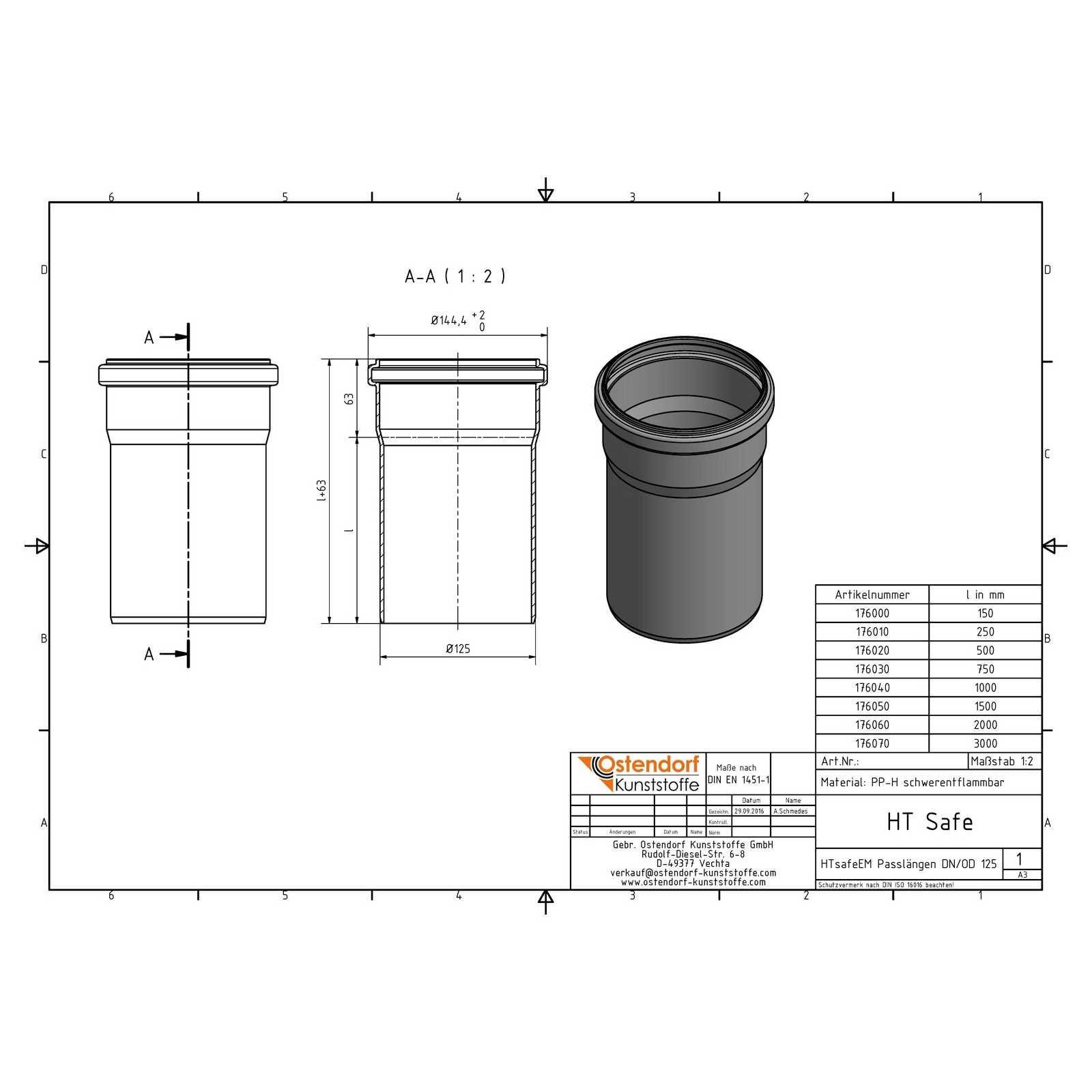 HTsafeEM Rohr DN 125 x 1000 mm