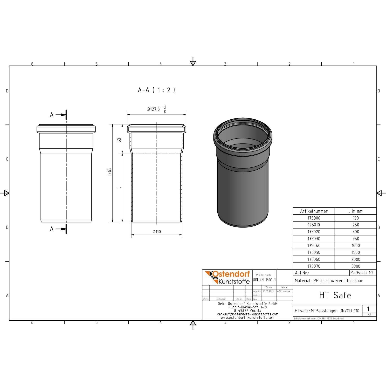 HTsafe Rohr mit Muffe DN 110 750 mm