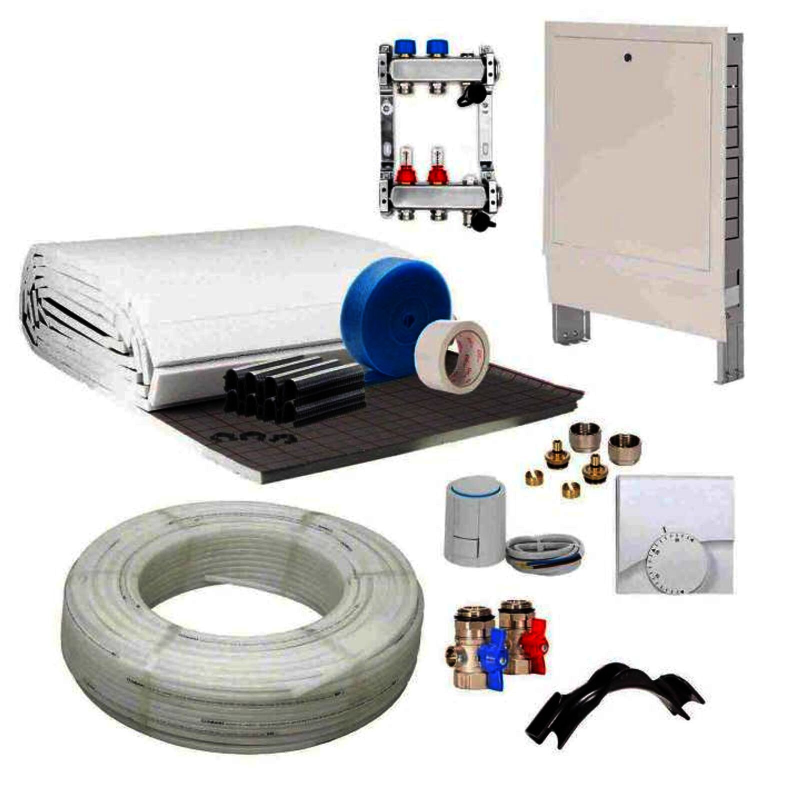 20 m² Set Tackersystem Rollbahn 20 mm WLG 045 16x2 Alu-Verbundrohr Raster 15 cm 2 Heizkreise Regler 230 V + Zubehör