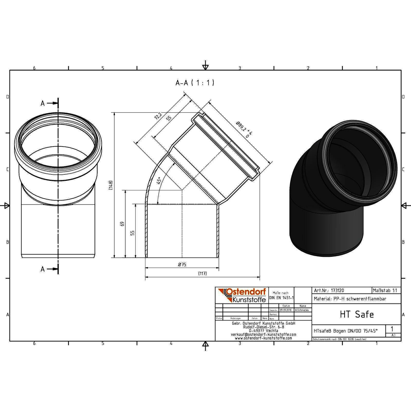 HTsafe Bogen 45 Grad DN 75