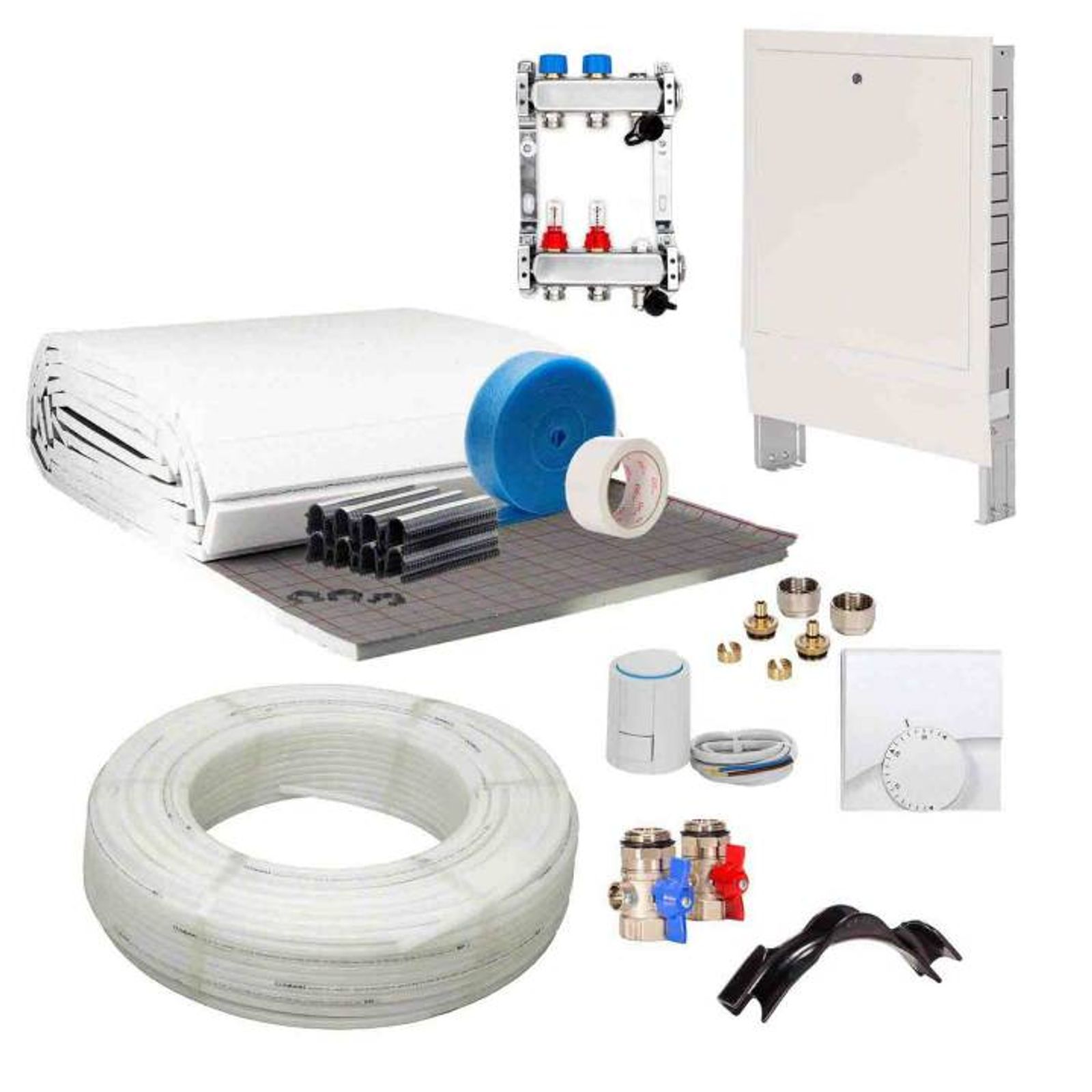 20 m² Set Tackersystem Rollbahn 20 mm WLG 045 16x2 Alu-Verbundrohr Raster 15 cm 2 Heizkreise Regler 230 V + Zubehör