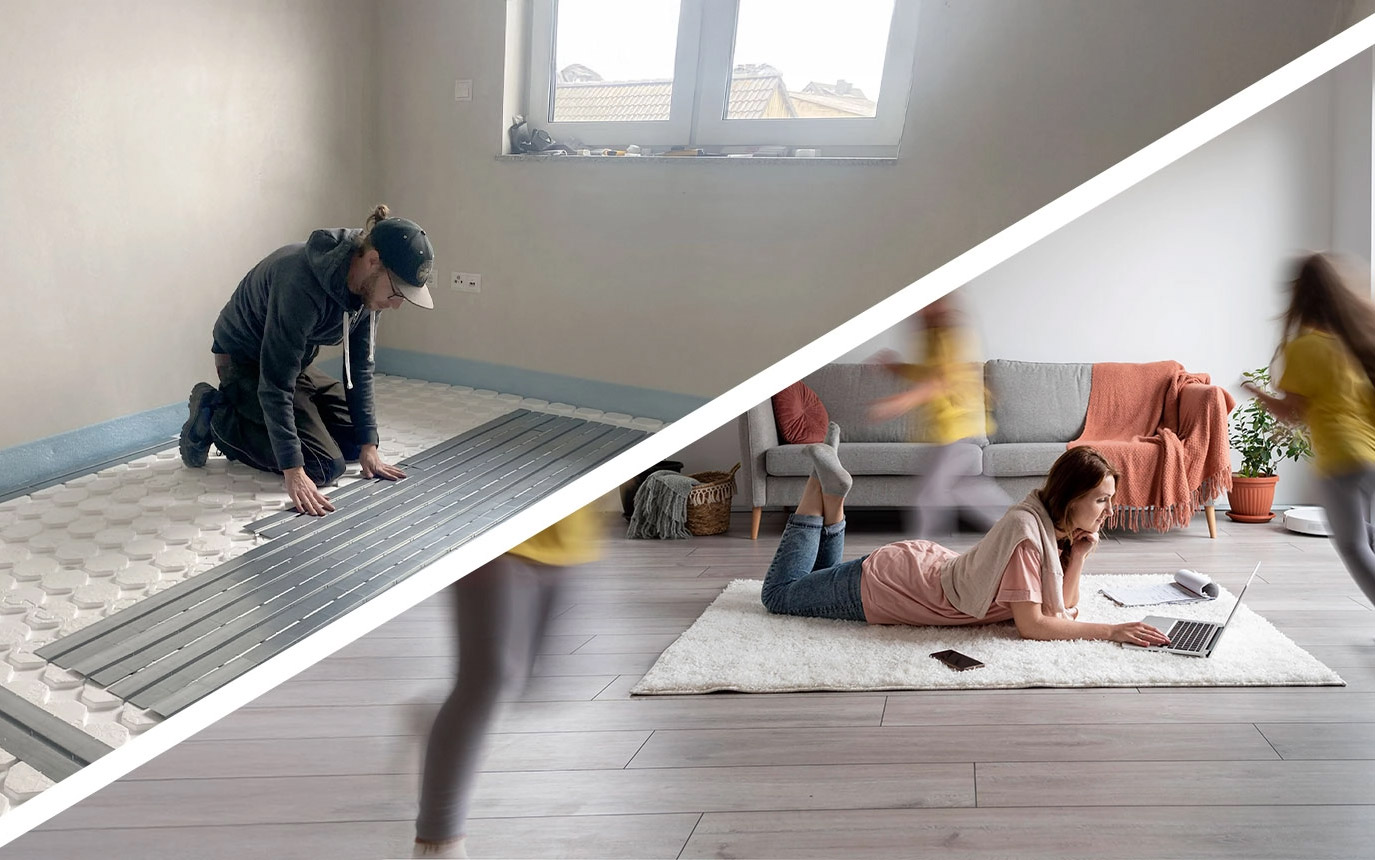 Trockenestrichsystem und Frau auf dem Boden