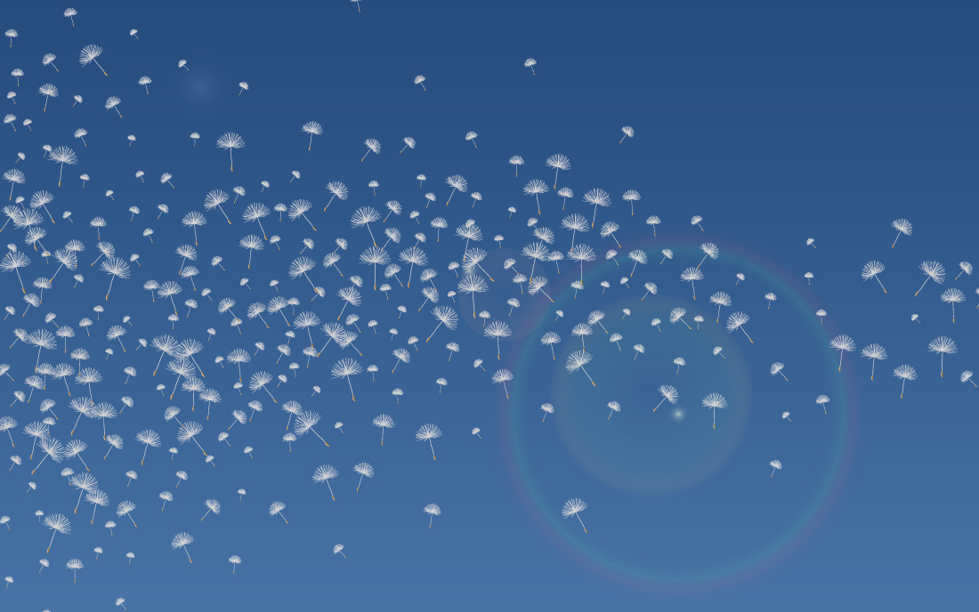 Fliegende Pusteblumensamen vor blauem Himmel – symbolisieren luftgetragene Partikel wie Pollen oder Staub.