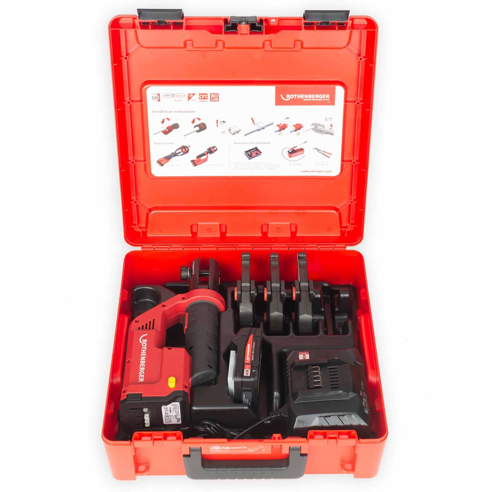 Rothenberger ROMAX Compact III elektrohydraulische Fitting - Pressmaschine Set mit Pressbacken SV15-22-28, 1x2Ah