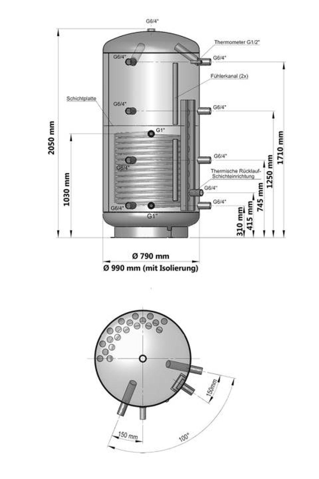 Schicht-Pufferspeicher PZR 800 Liter mit einem Rohrregister und 100 mm Isolierung