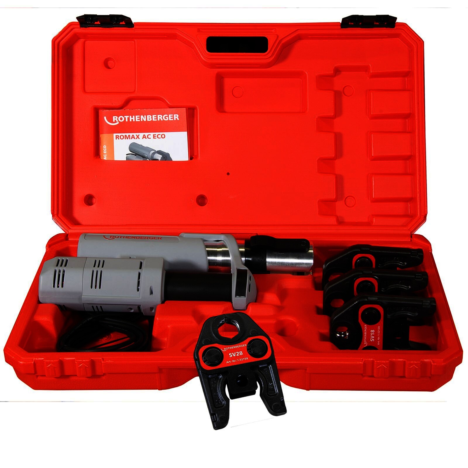 Rothenberger elektrohydraulische Fitting - Pressmaschine ROMAX AC ECO, Set mit Pressbacken Kontur "V"