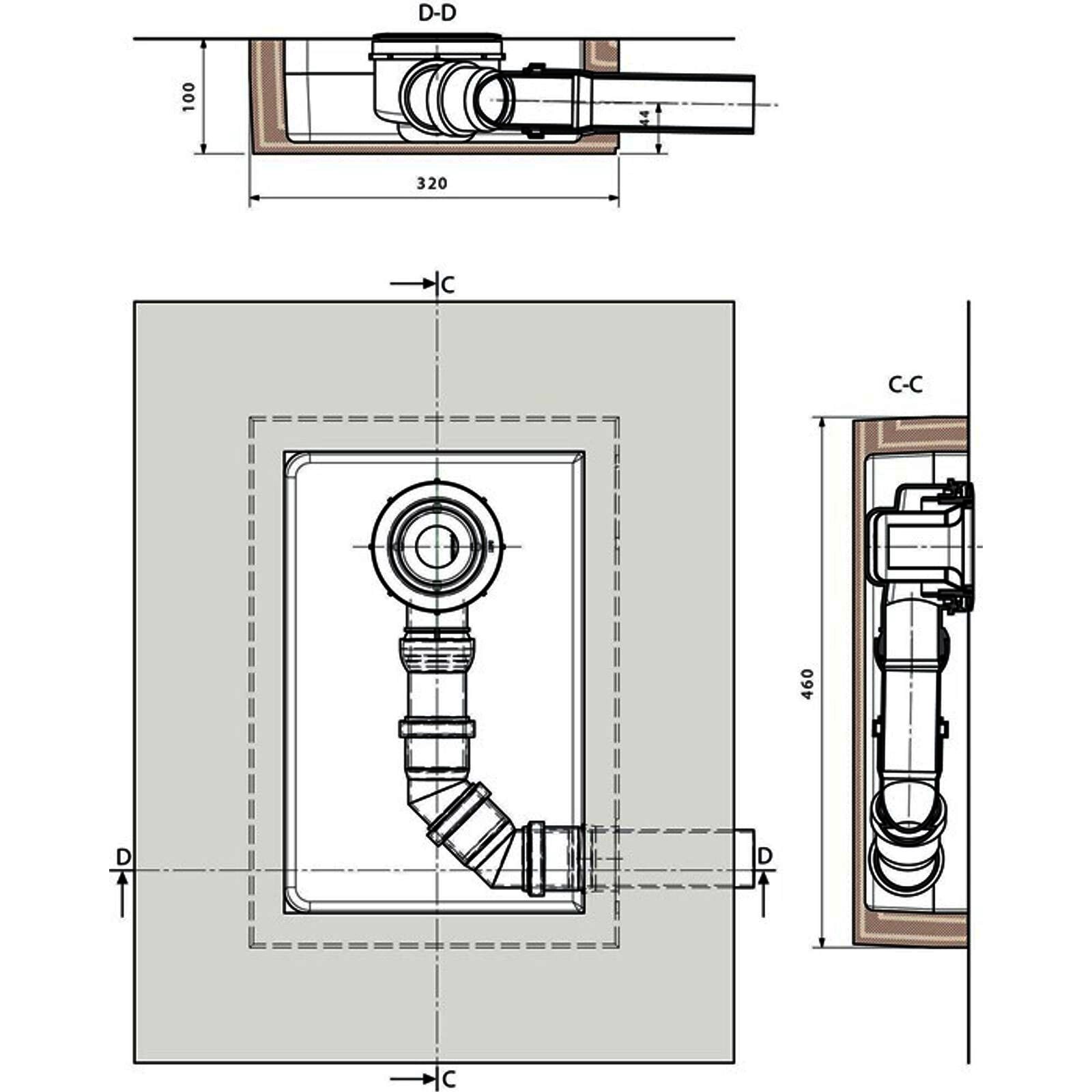 Ablaufbox groß, DN50, 460x320x100mm, rechts oder links verwendbar