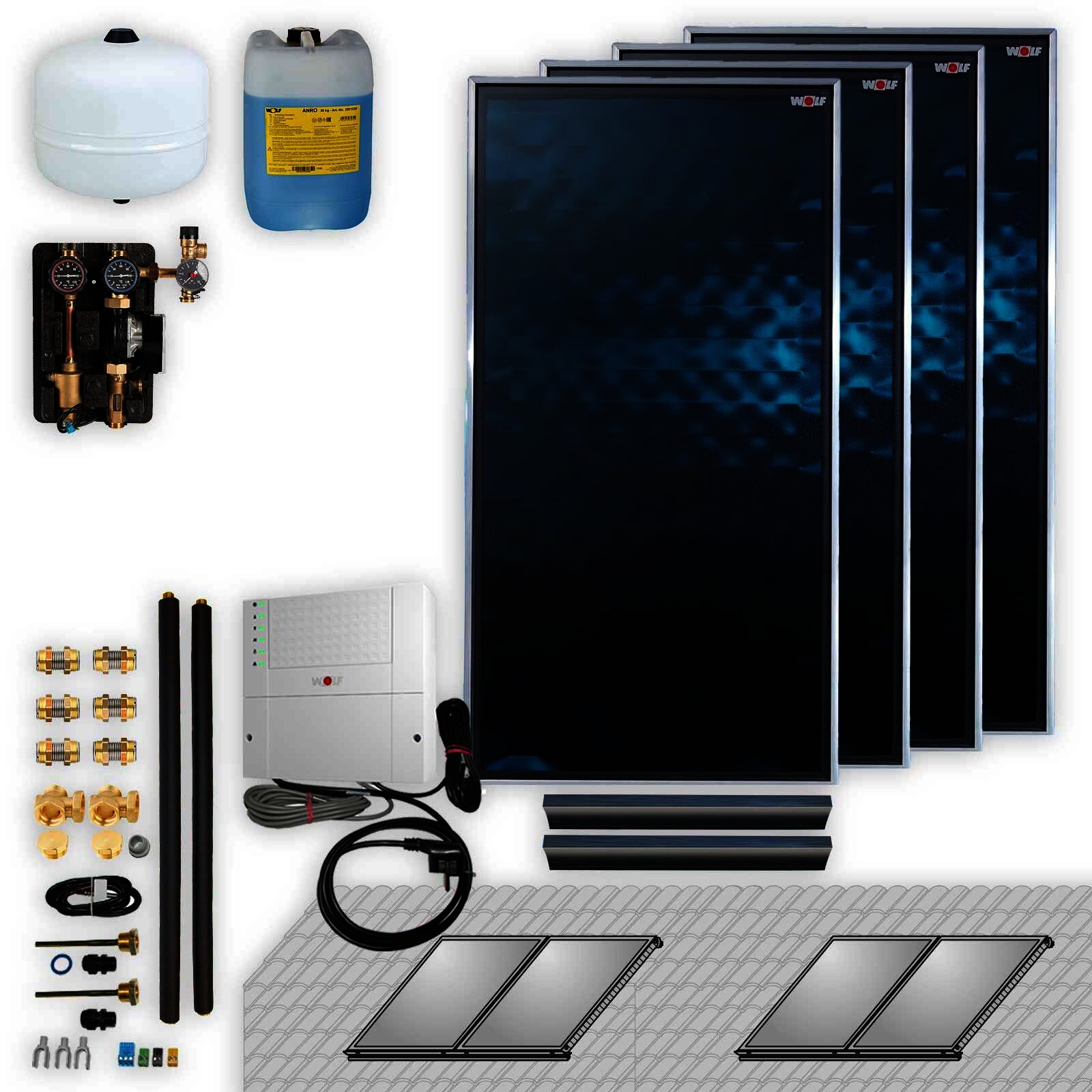 Wolf Solar Paket 9,2 m² mit 4 Flachkollektoren TopSon F3-1, SM1-2 Regelung