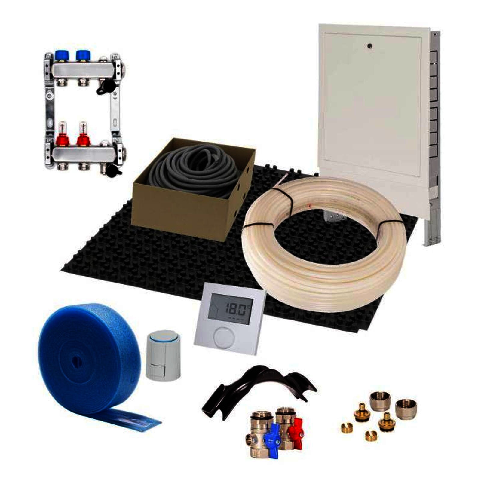 80 m² Set Noppensystem 11 mm WLG 040 16x2 PE-RT Rohr Raster 15 cm 6 Heizkreise LCD Regler 230 V + Zubehör