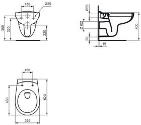 Wand-T-WC Eurovit, o.Spülrand, 355x520x350mm, Weiß