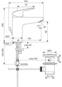 Ideal Standard Waschtischarmatur Cerafle m.Ablgarn., Ausld. 110mm, Chrom