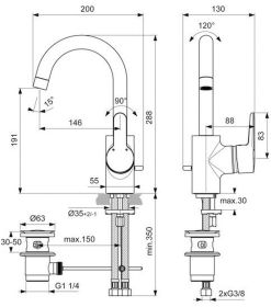 Ideal Standard WT-Armatur Connect Blue, m.hohem Ausl., Ausld. 146mm, Chrom