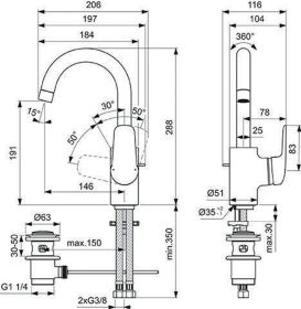 Ideal Standard WT-Armatur Ceraflex, m.ho m.Ablgarn., Ausld. 146mm, Chrom