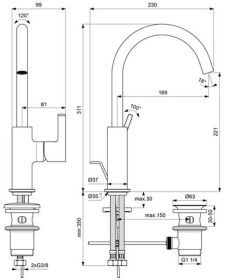 Ideal Standard Waschtischarmatur JOY, m. m.Ablgarn., Ausld.169mm, Chrom
