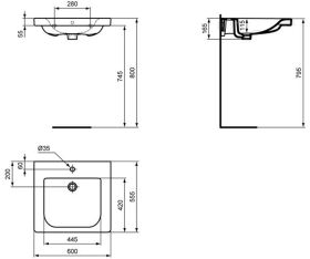 Ideal Standard Waschtisch Connect Freedo ,unterfahrbar, 600x555x165mm, Weiß