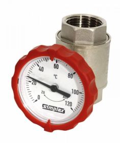 Muffen-Kugelhahn PN 16, G 1 1/4 Zoll mit rundem Thermometergriff (rot, Ø 63 mm)