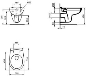 Wand-T-WC Eurovit, o.Spülrand, 355x520x350mm, Weiß
