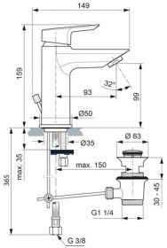 Ideal Standard Waschtischarmatur Tesi, 5 l/min., m.Ablgarn., Ausld. 93mm, Chrom