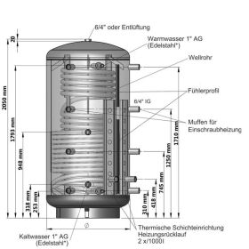 Kombi-Schichtspeicher 800 Liter mit einem Wärmetauscher und 100 mm Isolierung