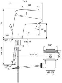 Ideal Standard Waschtischarmatur Cerafle m.Ablgarn. aus Kst., Ausld. 101mm, Chrom