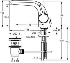 Ideal Standard Waschtischarmatur Melange CU-Rohren, Ausld. 136mm, Chrom