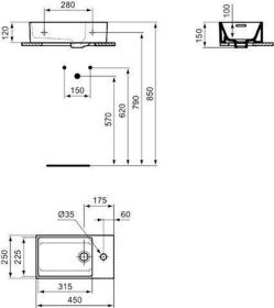 Ideal Standard Handwaschbecken Extra, 1 Ablage rechts, 450x250x150mm, Weiß m.IP