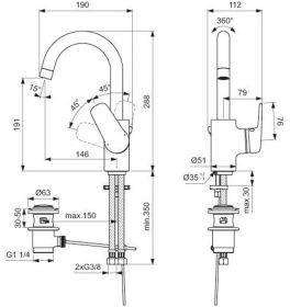 Ideal Standard WT-Armatur Ceraflex, m.ho m.Ablgarn., Ausld. 146mm, Chrom