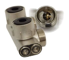 Simplex Umlenkstück E2/50 mit Absperrung für Heizkörper 3/4 Zoll AG, Eckform vernickelt